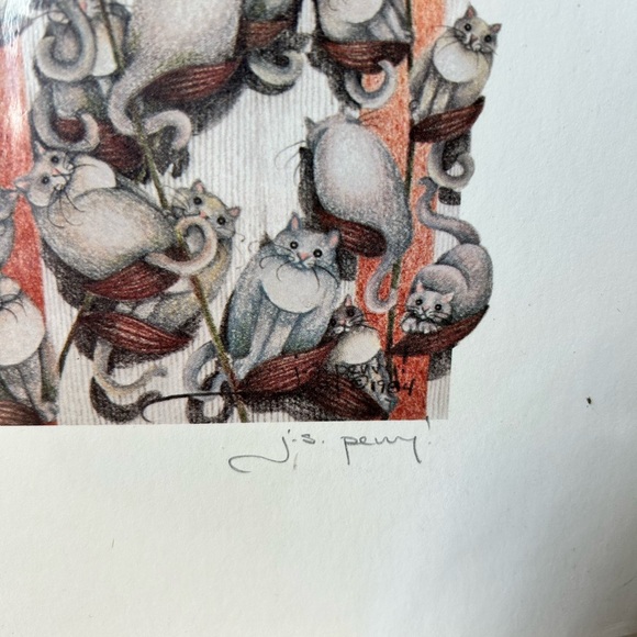 Cat Art J.S. Perry Signed Print 455/800 "Pussywillows" Jamie S. Perry Garden Cat - Picture 4 of 11